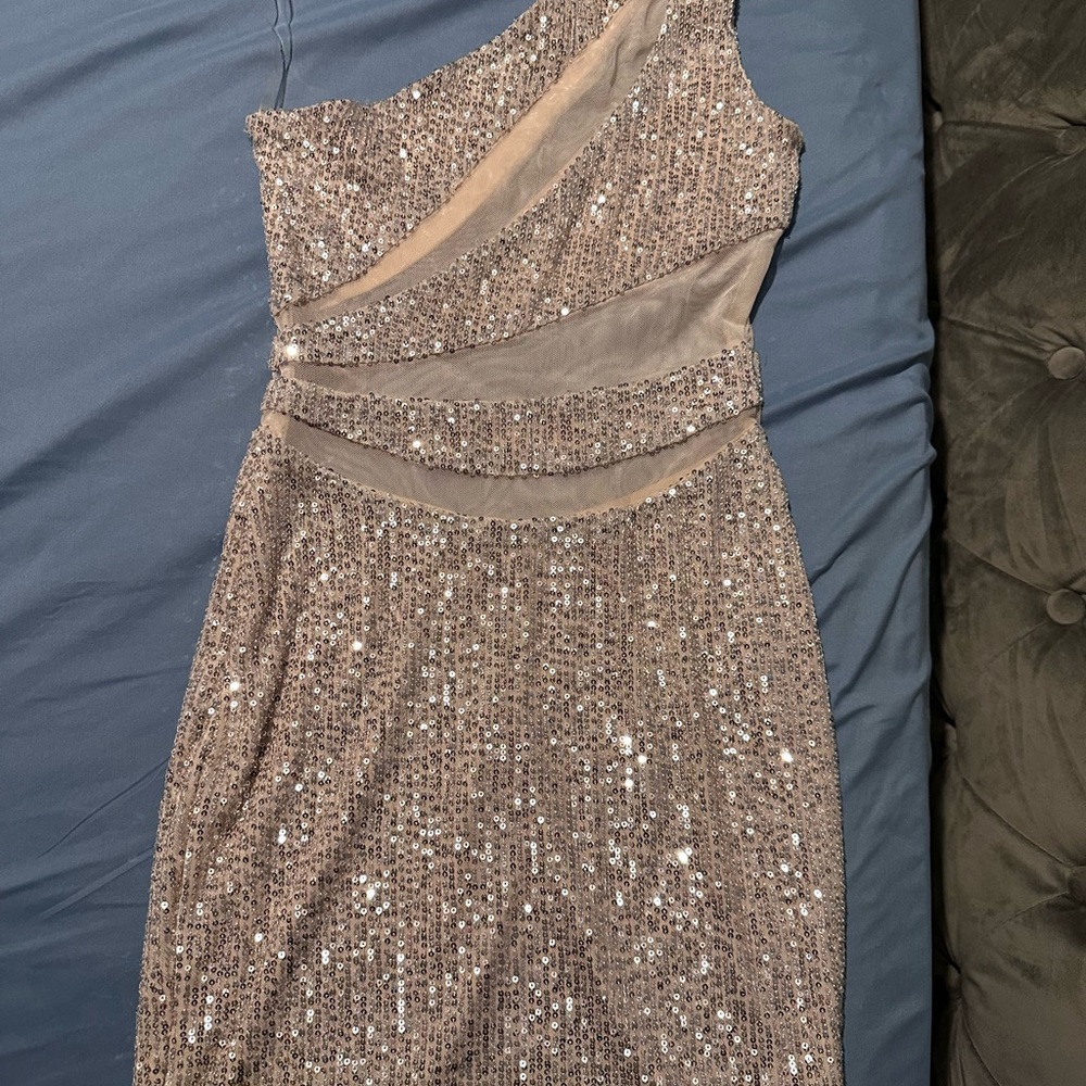 One-Shoulder Sequin Mesh Evening Dress - Champagne